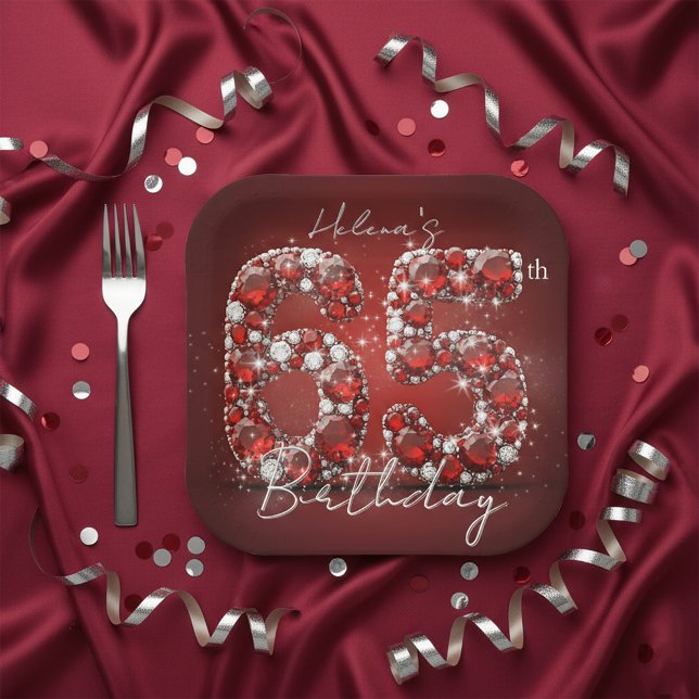 Glamorous Ruby Red Diamonds 65th Birthday Party Paper Plates (Creator Uploaded)