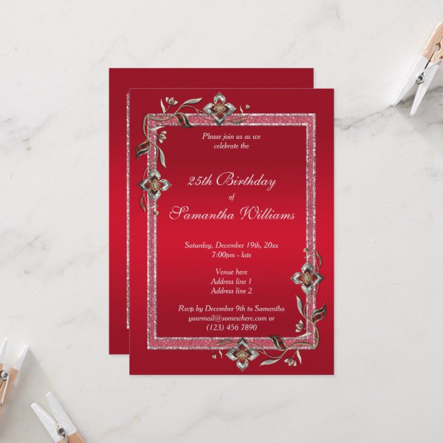 Glamorous Ruby Red Gems & Glitter Birthday Invitation (Front/Back In Situ)
