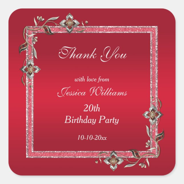 Glamorous Ruby Red Gems & Glitter Birthday Square Sticker (Front)