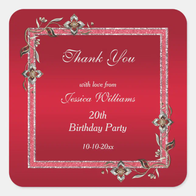 Glamorous Ruby Red Gems & Glitter Birthday Square Sticker | Zazzle