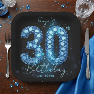 Glamorous Sapphire Blue Jewel Mosaic 30th Birthday Paper Plates