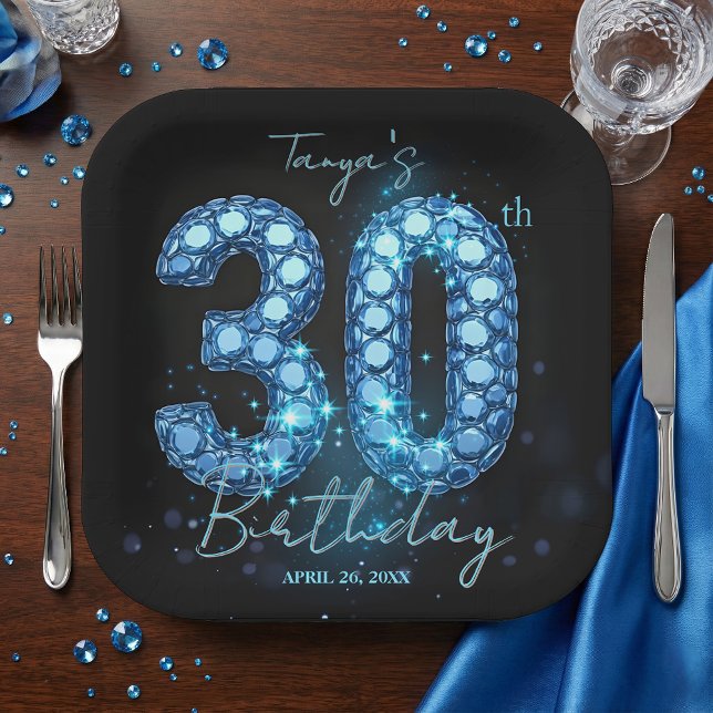 Glamorous Sapphire Blue Jewel Mosaic 30th Birthday Paper Plates (Creator Uploaded)