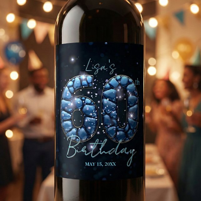 Glamorous Sapphire Blue Mosaic Gems 60th Birthday Wine Label (Creator Uploaded)