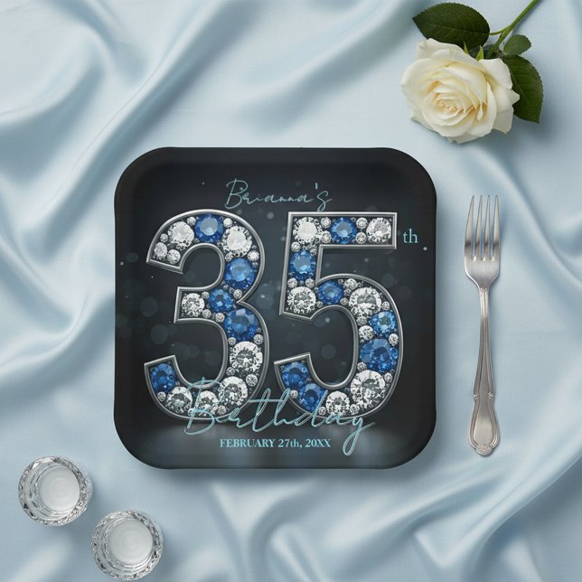 Glamorous Sapphire Diamond 35th Birthday Paper Plates (Creator Uploaded)