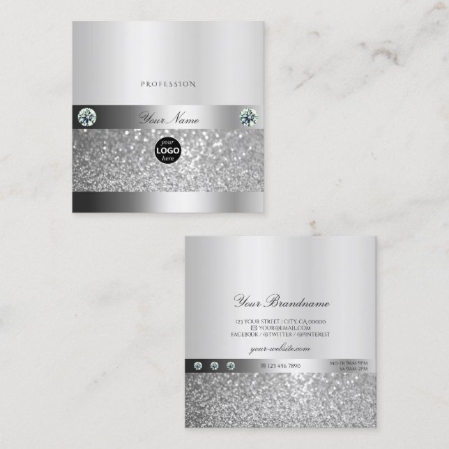 Glamorous Shimmery Silver Sparkle Glitter and Logo Square Business Card (Front/Back)
