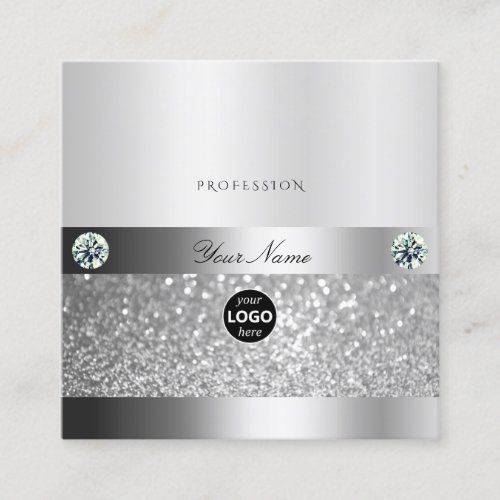 Glamorous Shimmery Silver Sparkle Glitter and Logo Square Business Card