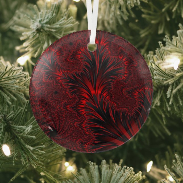 Glamorous Shiny Red Fractal Leaves Suncatcher  Glass Ornament (Insitu)