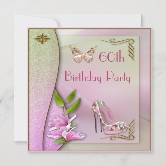 Glamorous Shoes Magnolia & Butterfly 60th Birthday Invitation (Front)