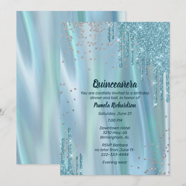 Glamorous Silk and Glitter Look Quinceañera Invita Invitation (Front/Back)