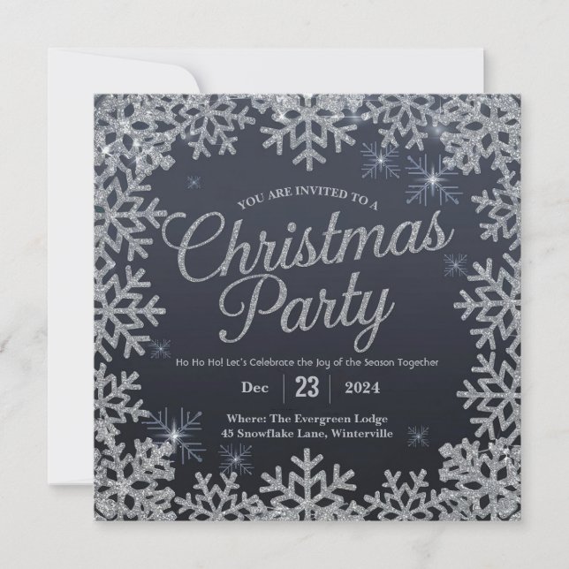 Glamorous Silver and Blue Sparkle Christmas Party  Invitation (Front)