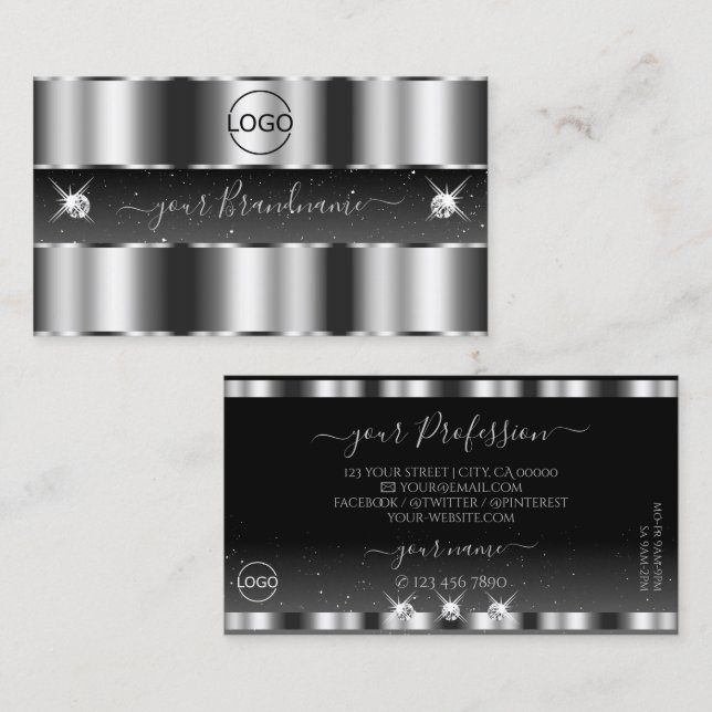 Glamorous Silver Black Sparkling Diamonds Add Logo Business Card (Front/Back)