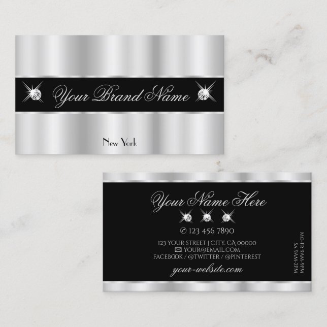 Glamorous Silver Black Sparkling Diamonds Elegant Business Card (Front/Back)