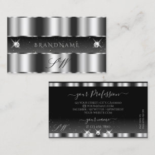 Glamorous Silver Black Sparkling Diamonds Initials Business Card