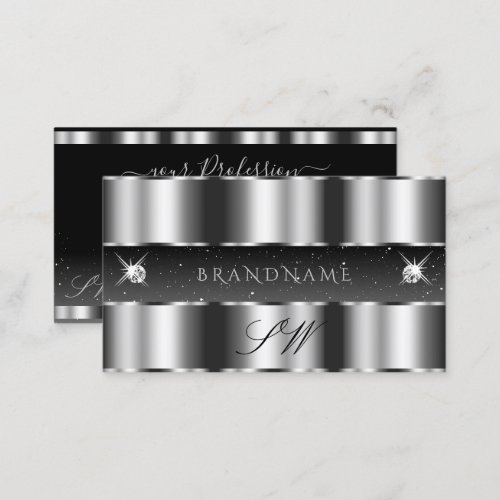 Glamorous Silver Black Sparkling Diamonds Initials Business Card