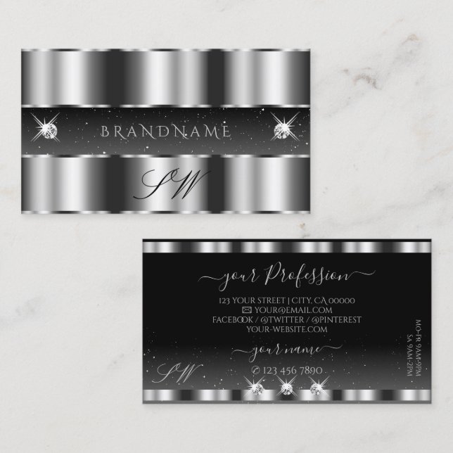 Glamorous Silver Black Sparkling Diamonds Initials Business Card (Front/Back)