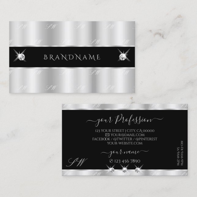 Glamorous Silver Black Sparkling Diamonds Initials Business Card (Front/Back)