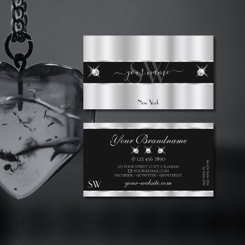 Glamorous Silver Black Sparkling Diamonds Monogram Business Card