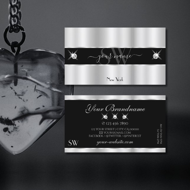 Glamorous Silver Black Sparkling Diamonds Monogram Business Card (Creator Uploaded)