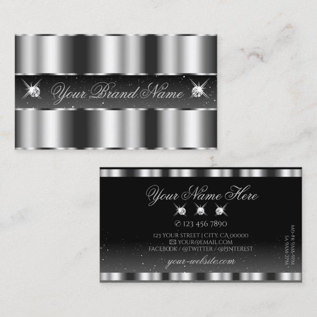 Glamorous Silver Black Sparkling Diamonds Stylish Business Card (Front/Back)