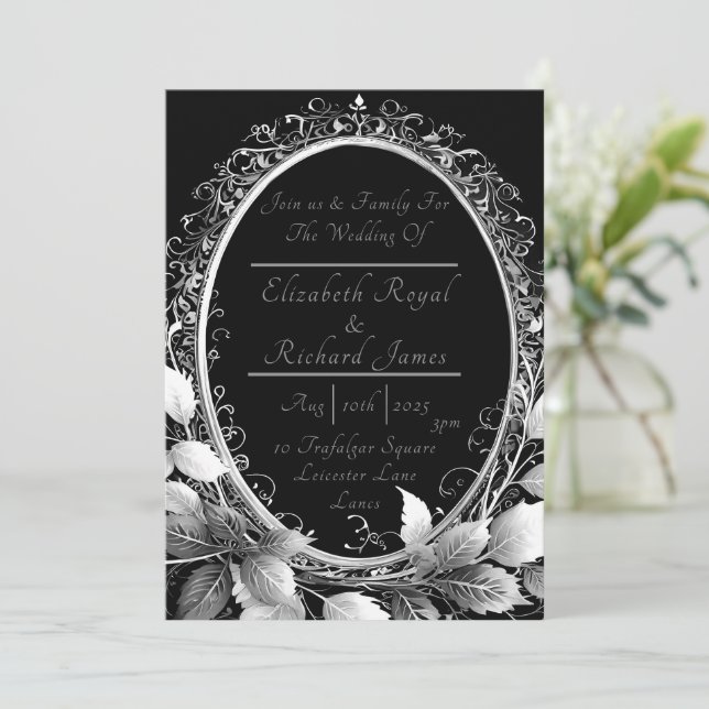Glamorous Silver & Black wedding invitations set (Standing Front)