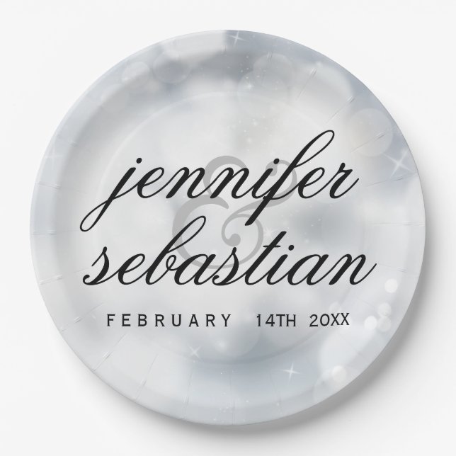 Glamorous Silver Bokeh Light monogram wedding Paper Plates (Front)