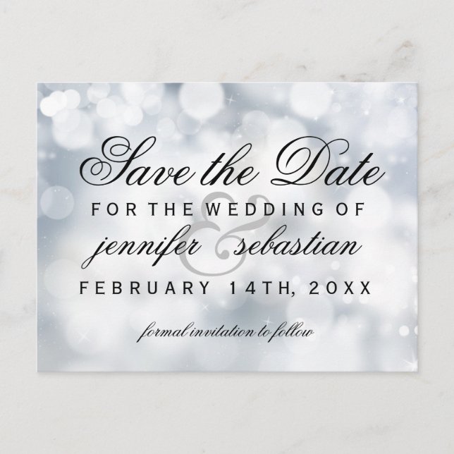Glamorous Silver Bokeh Light  Wedding Postcard (Front)