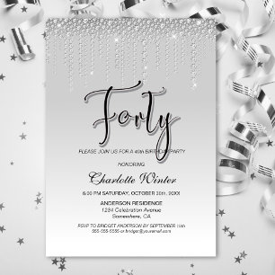 Glamorous Silver Diamonds 40th Birthday Party Invitation