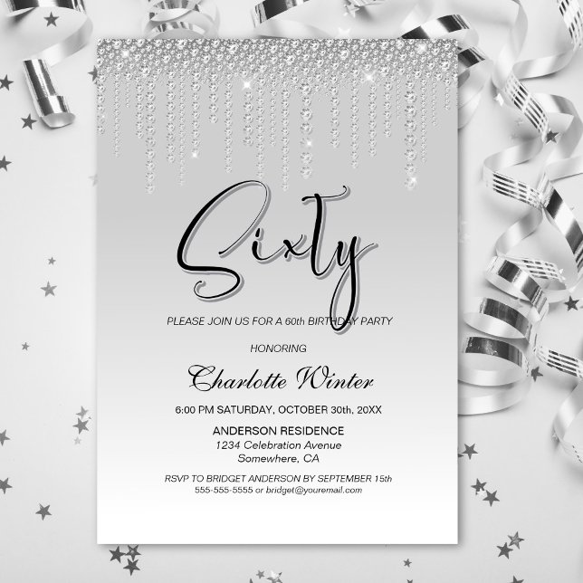 Glamorous Silver Diamonds 60th Birthday Party Invitation (Creator Uploaded)