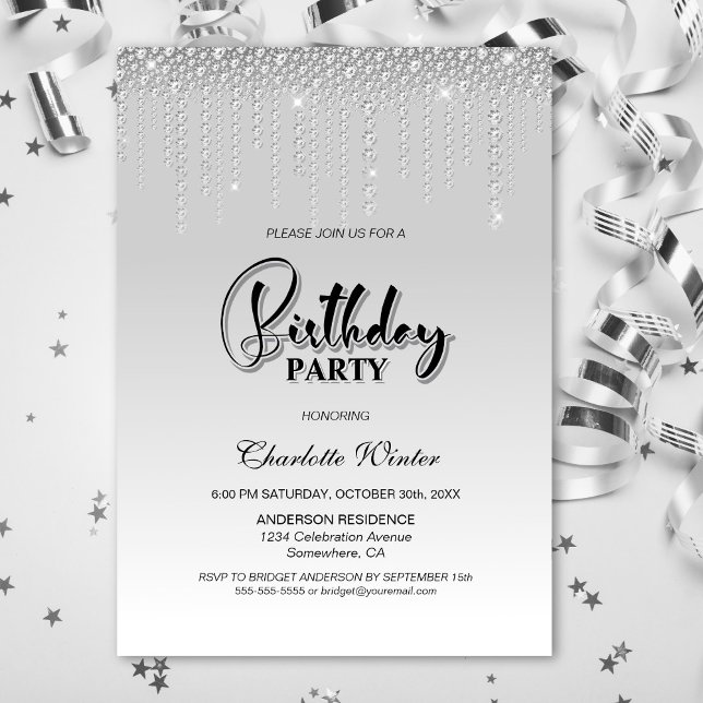 Glamorous Silver Diamonds Birthday Party Invitation (Creator Uploaded)