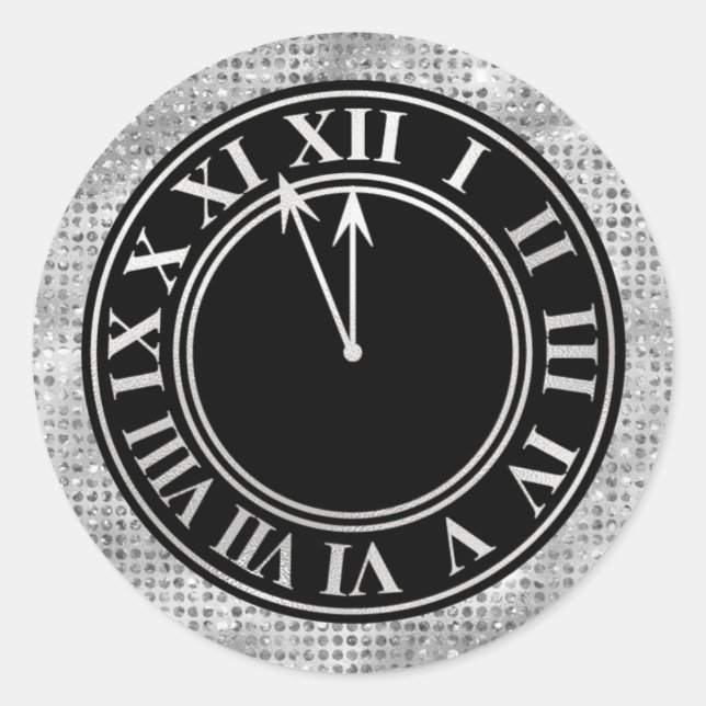 Glamorous Silver Diamonds New Year's Clock Classic Round Sticker (Front)