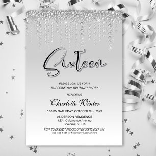 Glamorous Silver Diamonds Surprise 16th Birthday Invitation