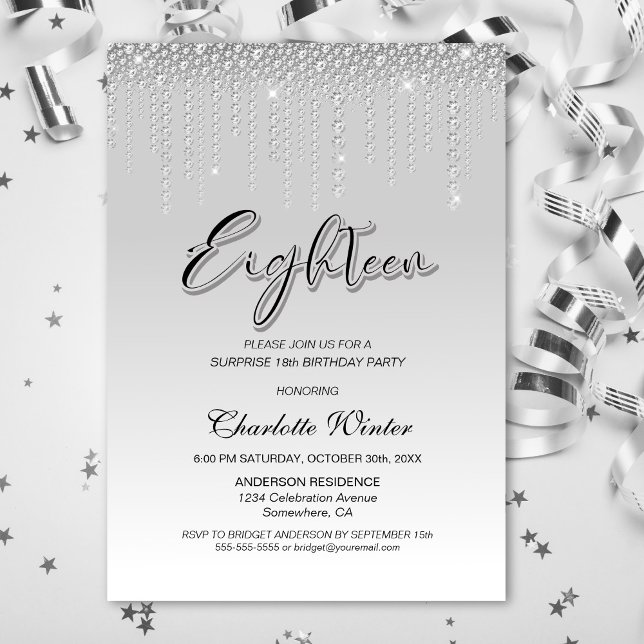 Glamorous Silver Diamonds Surprise 18th Birthday Invitation (Creator Uploaded)