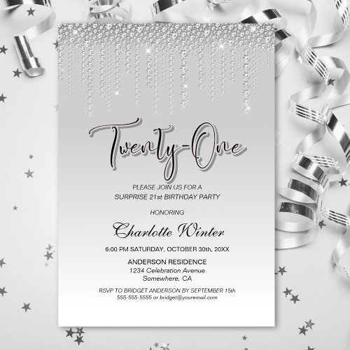 Glamorous Silver Diamonds Surprise 21st Birthday Invitation