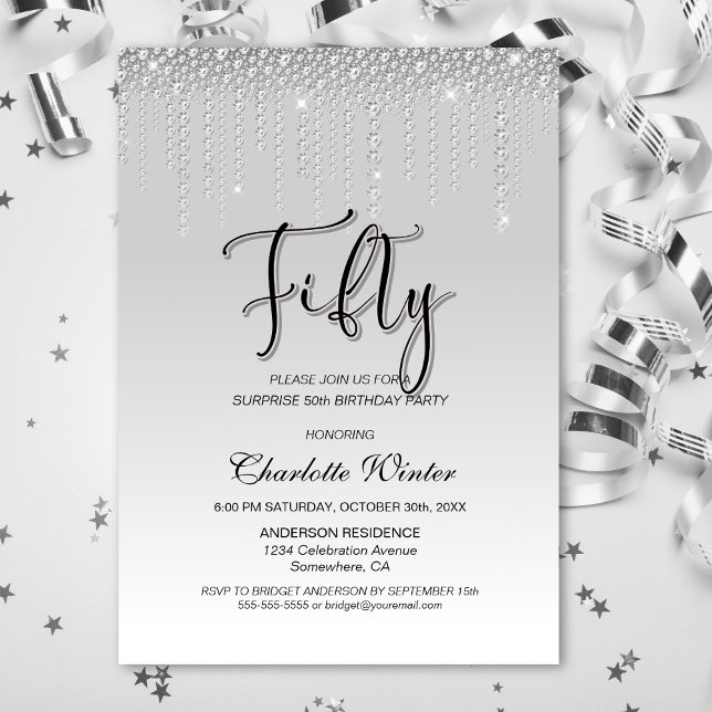 Glamorous Silver Diamonds Surprise 50th Birthday Invitation (Creator Uploaded)