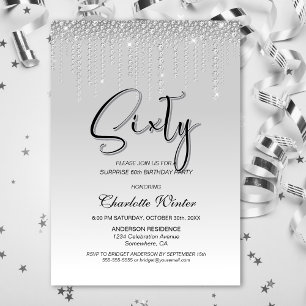 Glamorous Silver Diamonds Surprise 60th Birthday Invitation