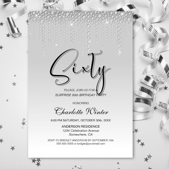 Glamorous Silver Diamonds Surprise 60th Birthday Invitation (Creator Uploaded)