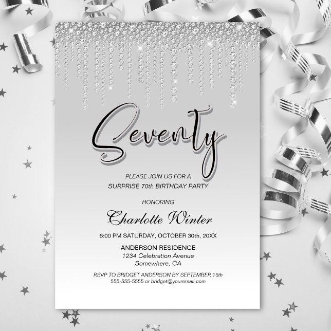 Glamorous Silver Diamonds Surprise 70th Birthday Invitation (Creator Uploaded)