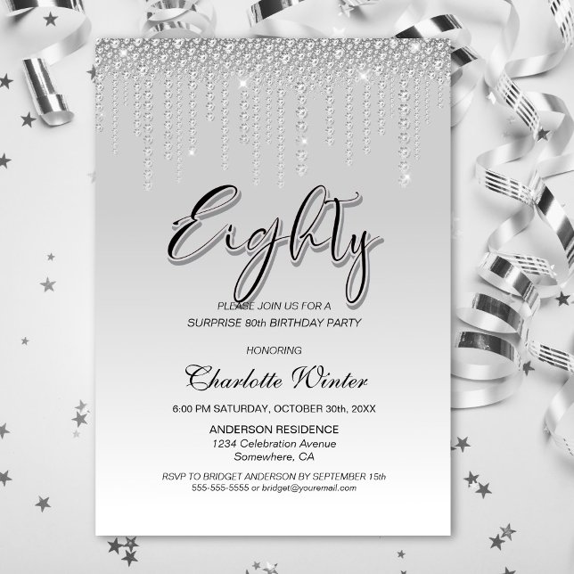 Glamorous Silver Diamonds Surprise 80th Birthday Invitation (Creator Uploaded)