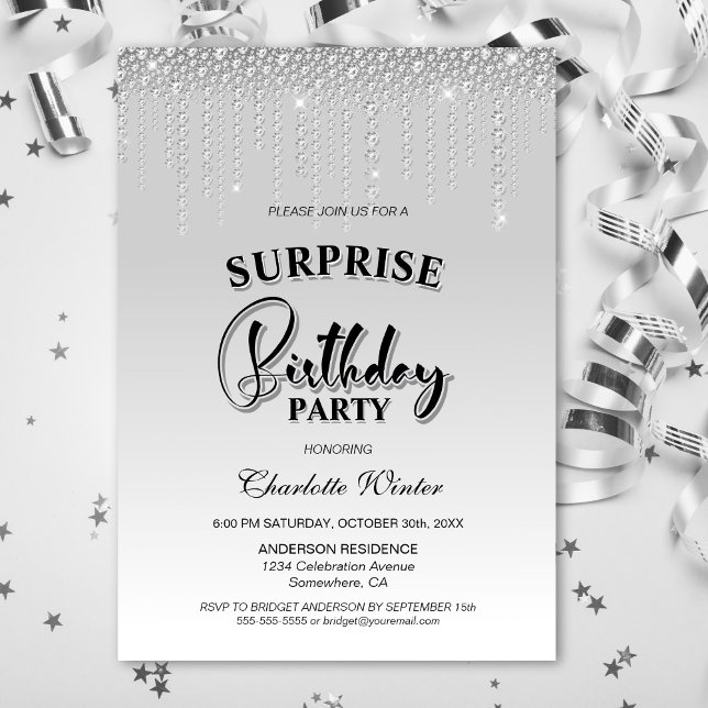 Glamorous Silver Diamonds Surprise Birthday Party Invitation (Creator Uploaded)