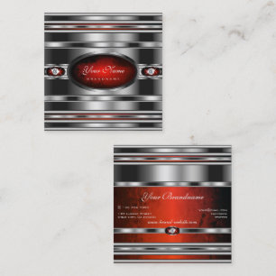 Glamorous Silver Effect Red Marble with Diamonds Square Business Card
