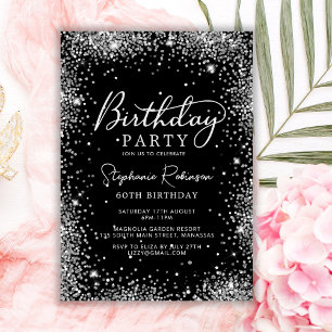Glamorous Silver Glitter and Black 60th Birthday Invitation