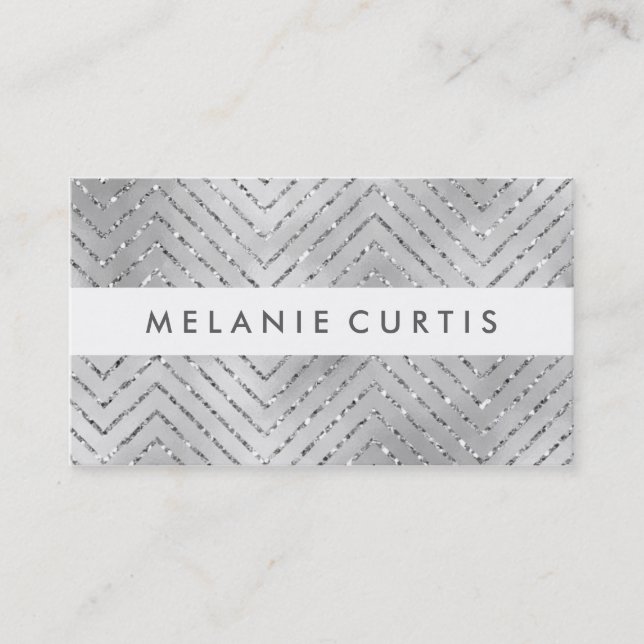 Glamorous Silver Glitter Chevron Business Card (Front)