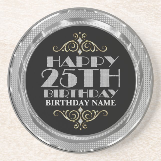 Glamorous Silver Glitter Happy 25th Birthday Drink Coaster (Front)