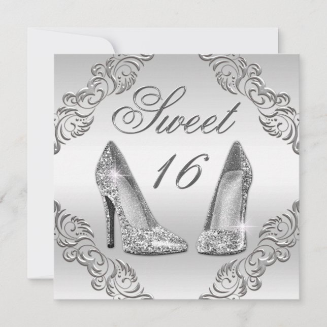 Glamorous Silver Glitter High Heels Sweet 16 Invitation (Front)
