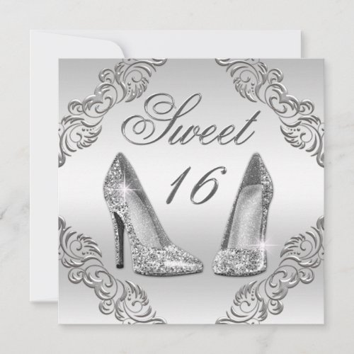 Glamorous Silver Glitter High Heels Sweet 16 Invitation
