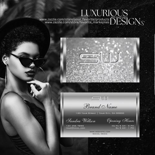 Glamorous Silver Glitter Luminous Sparkle Initials Business Card