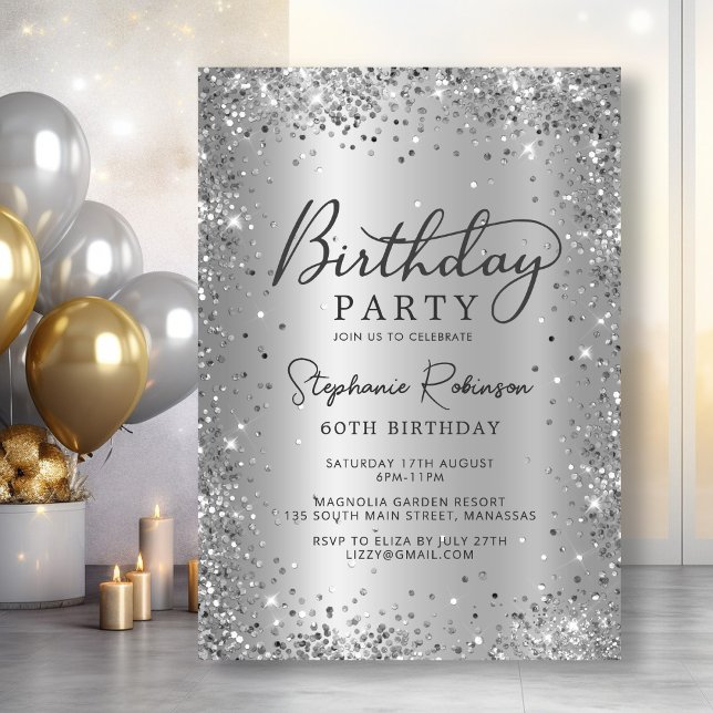 Glamorous Silver Glitter Metal Foil 60th Birthday  Invitation (Creator Uploaded)