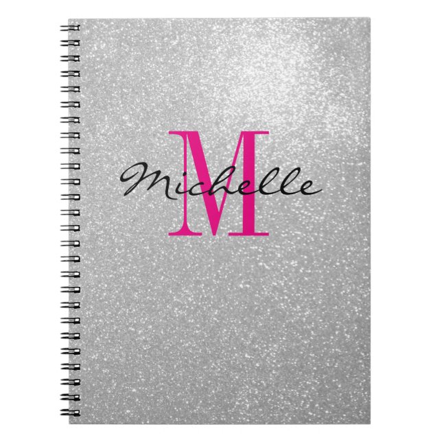 Glamorous silver glitter monogram spiral notebook (Front)