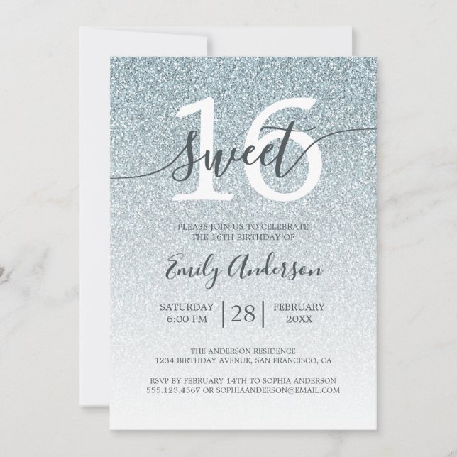 Glamorous Silver Glitter Ombre Sweet 16 Birthday Invitation (Front)