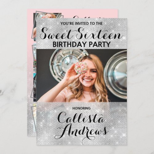 Glamorous Silver Glitter Sequins Photo Sweet 16 Invitation